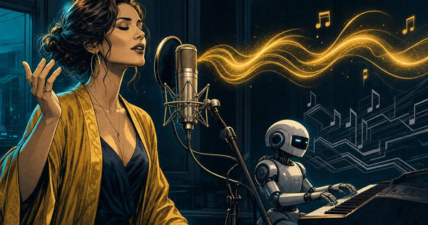 jingle maker compared: a session singer at a studio mic beside a small AI robot at a keyboard