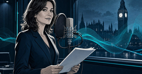 british voice over: illustrated British voice artist at a studio microphone with Big Ben through the window