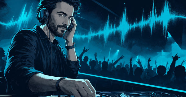 custom DJ drops: illustrated DJ at a club mixer with a cyan waveform behind