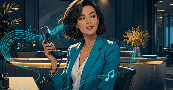 on hold messages: a receptionist hears music flowing from a desk phone