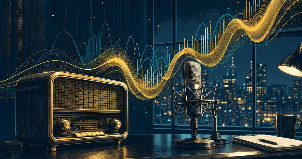 radio advertising cost: golden sound waves rising like a graph from a vintage radio