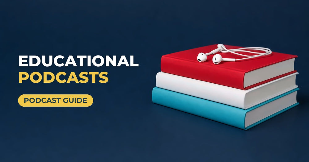 Educational Podcasts blog cover: stack of books with earbuds on a navy background
