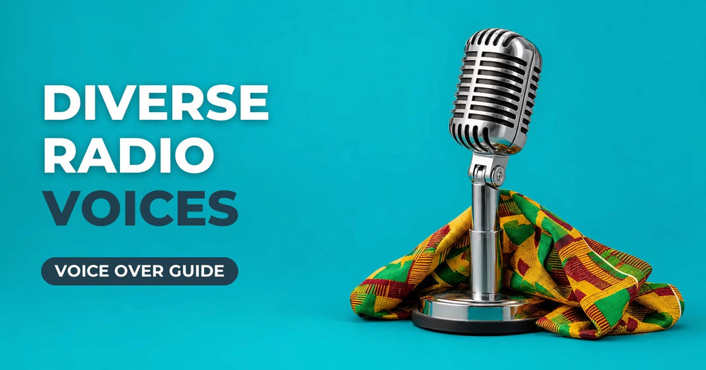 Diverse Radio Voices blog cover: kente cloth and chrome microphone on a turquoise background