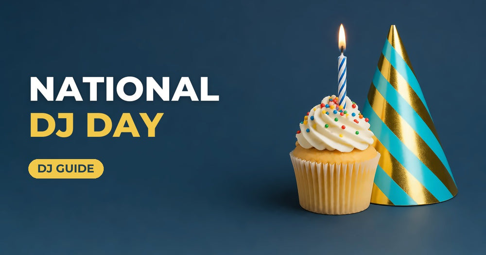 National DJ Day blog cover: birthday cupcake and party hat on a navy background