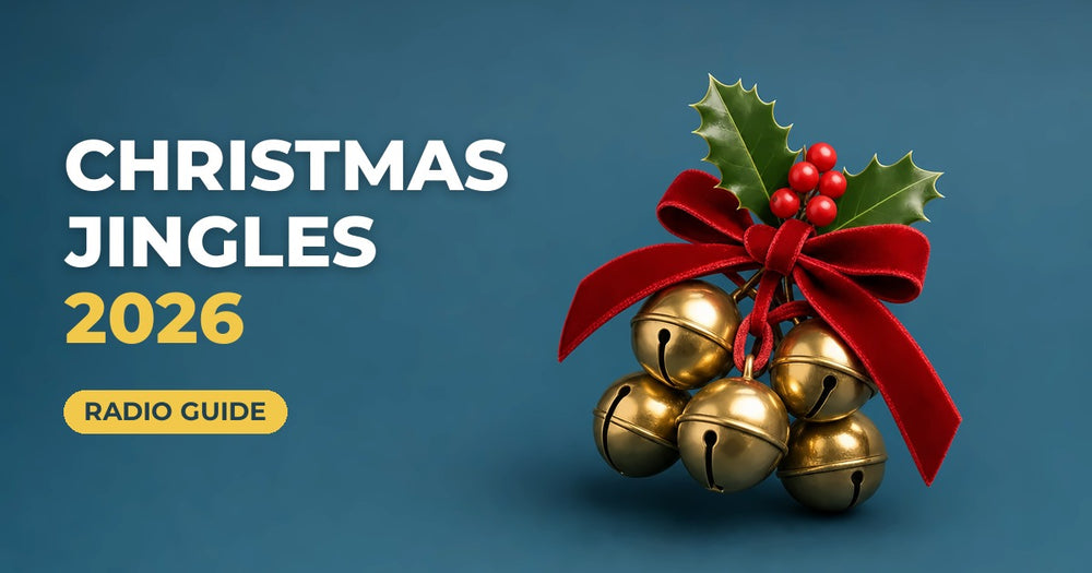 Christmas Jingles 2026 blog cover: brass sleigh bells with holly on a navy background