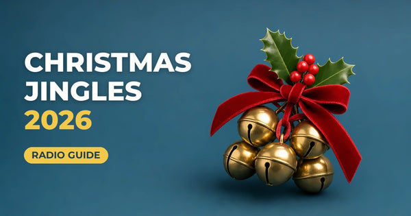 Christmas Jingles 2026 blog cover: brass sleigh bells with holly on a navy background
