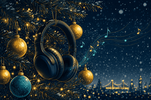 christmas jingles: studio headphones hanging on a christmas tree like an ornament among golden baubles and fairy lights
