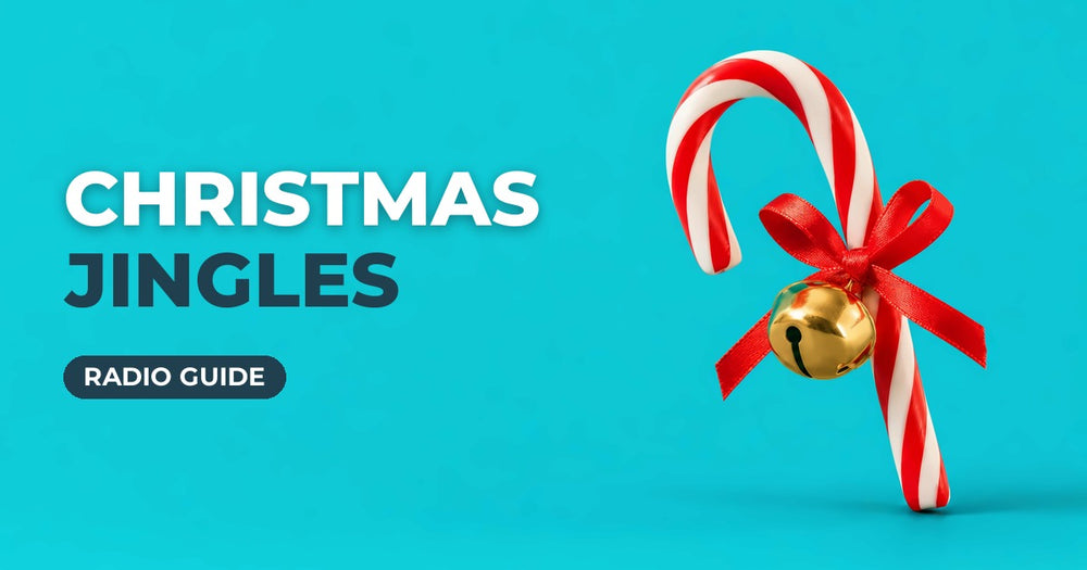 Christmas Jingles blog cover: candy cane with a gold bell on a turquoise background