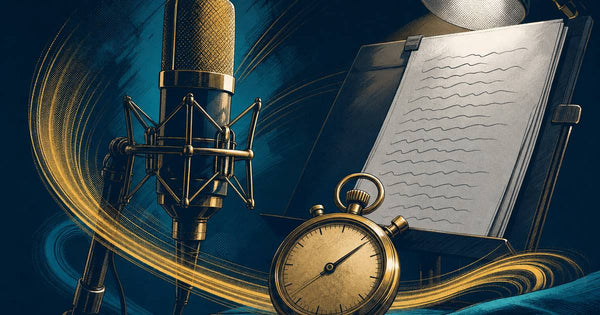 commercial voice over: brass microphone with an ad script on a stand and a stopwatch