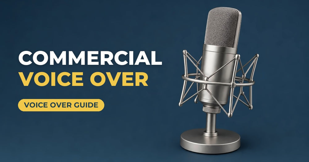 Commercial Voice Over blog cover: silver studio condenser microphone on a navy background