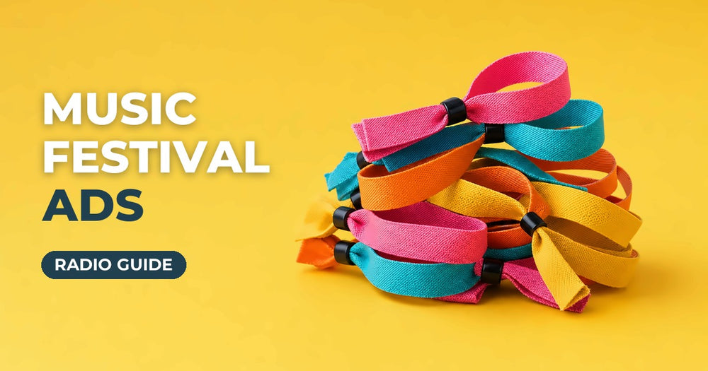 Music Festival Ads blog cover: colourful festival wristbands on a yellow background