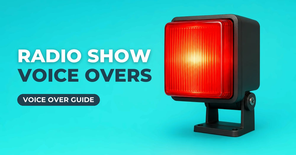 Radio Show Voice Overs blog cover: glowing red studio light on a turquoise background