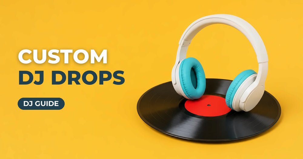 Custom DJ Drops blog cover: DJ headphones on a vinyl record on a yellow background