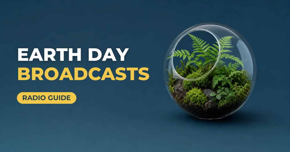 Earth Day Broadcasts blog cover: glass terrarium with ferns on a navy background