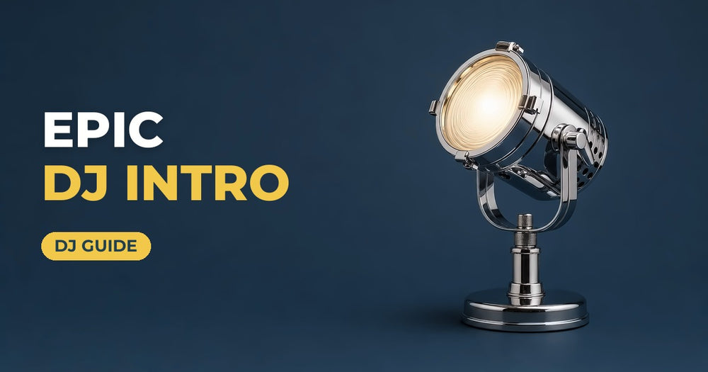Epic DJ Intro blog cover: chrome stage spotlight on a navy background