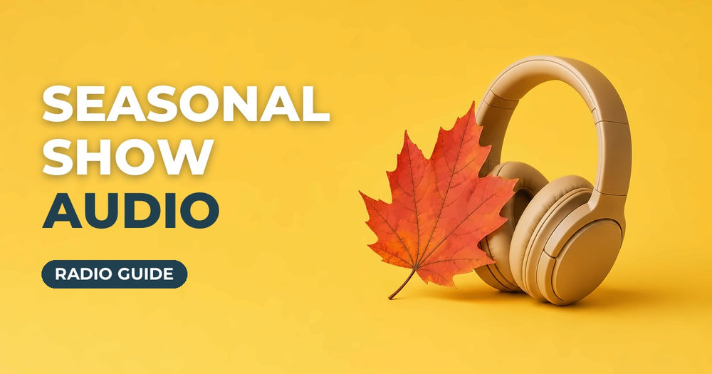 Seasonal Show Audio blog cover: autumn maple leaf with headphones on a yellow background