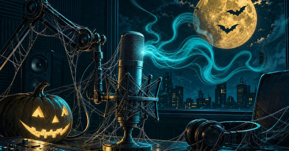 halloween sound effects: cobwebbed studio microphone with a glowing pumpkin and bats over a golden moon
