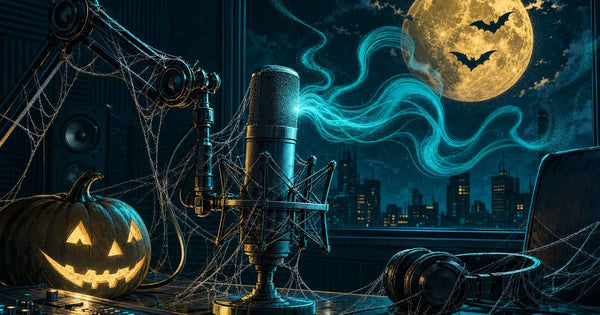 halloween sound effects: cobwebbed studio microphone with a glowing pumpkin and bats over a golden moon