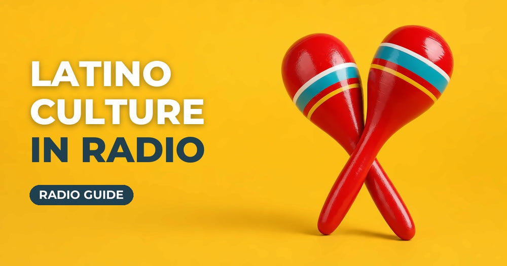 Latino Culture in Radio blog cover: painted maracas on a yellow background