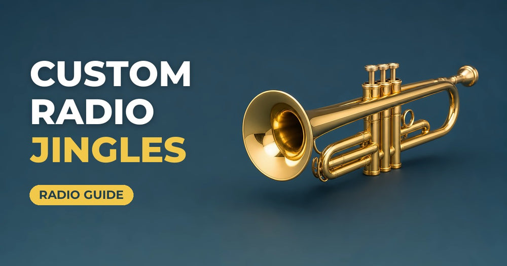 Custom Radio Jingles blog cover: polished gold trumpet on a navy background