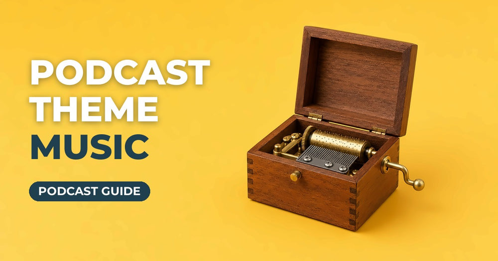 Podcast Theme Music blog cover: open wooden music box on a yellow background