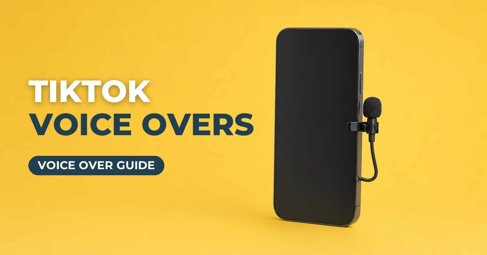 TikTok Voice Overs blog cover: smartphone with a clip-on microphone on a yellow background