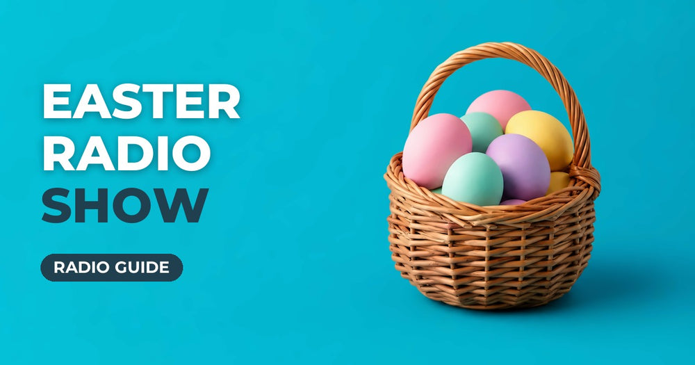 Easter Radio Show blog cover: Easter eggs in a basket on a turquoise background