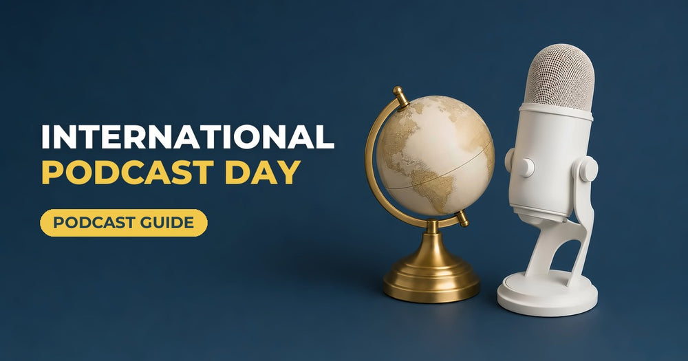 International Podcast Day blog cover: desk globe and podcast microphone on a navy background