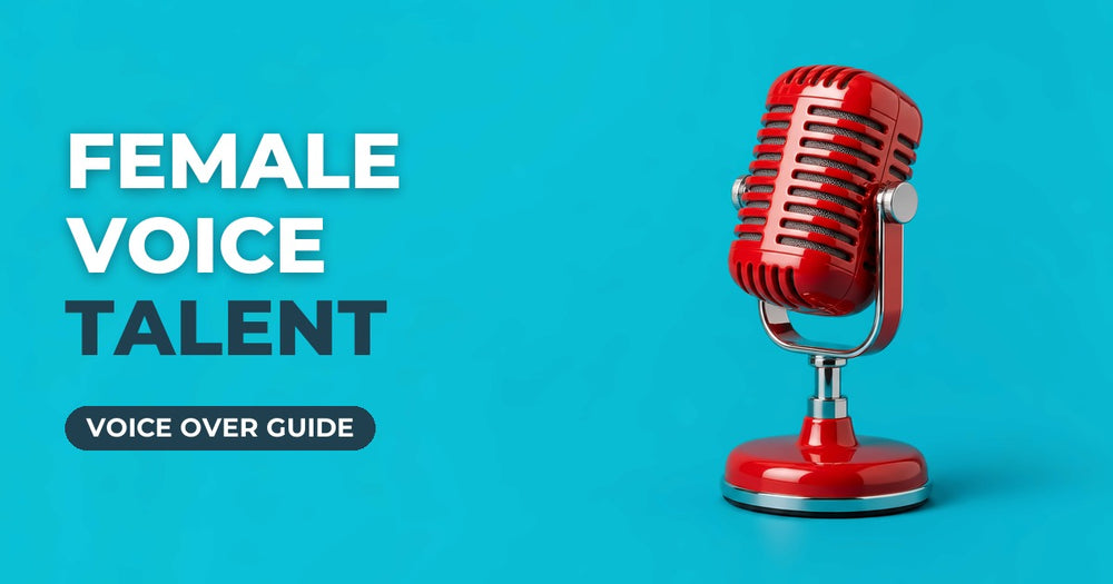 Female Voice Talent blog cover: red retro microphone on a turquoise background