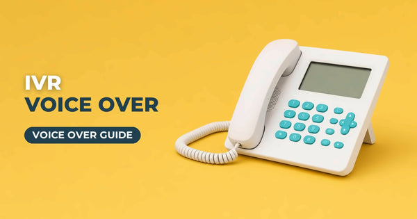 IVR Voice Over blog cover: white desk phone with turquoise keys on a yellow background