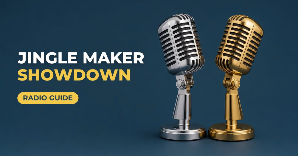 Jingle Maker Showdown blog cover: chrome and gold microphones face to face on a navy background