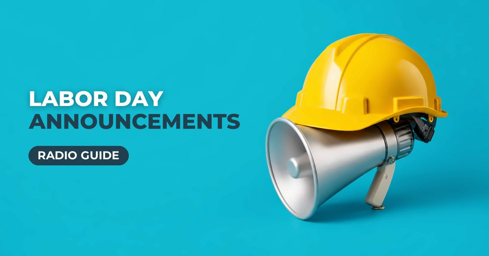 Labor Day Announcements blog cover: hard hat on a megaphone on a turquoise background