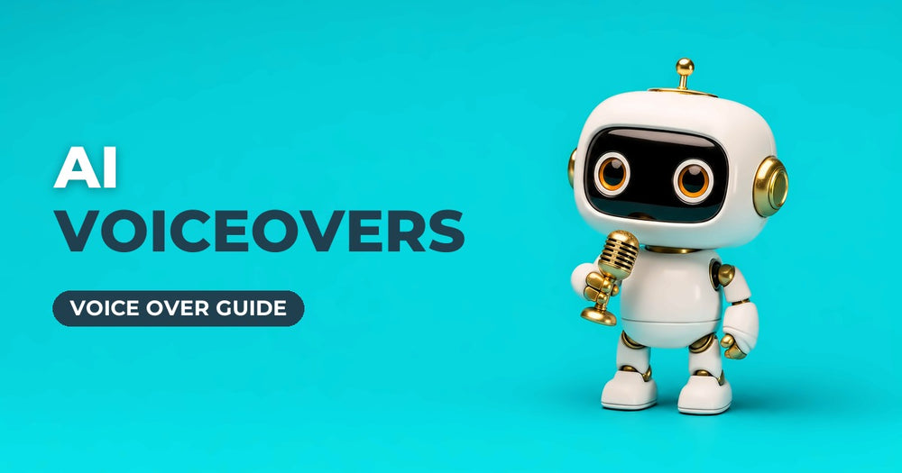 AI Voiceovers blog cover: white robot holding a microphone on a turquoise background