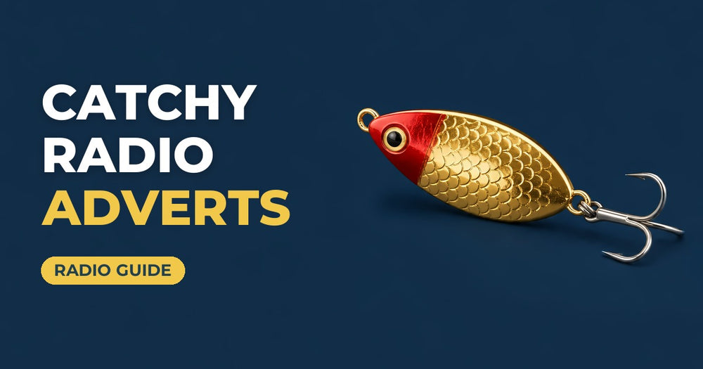 Catchy Radio Adverts blog cover: gold and red fishing lure on a navy background