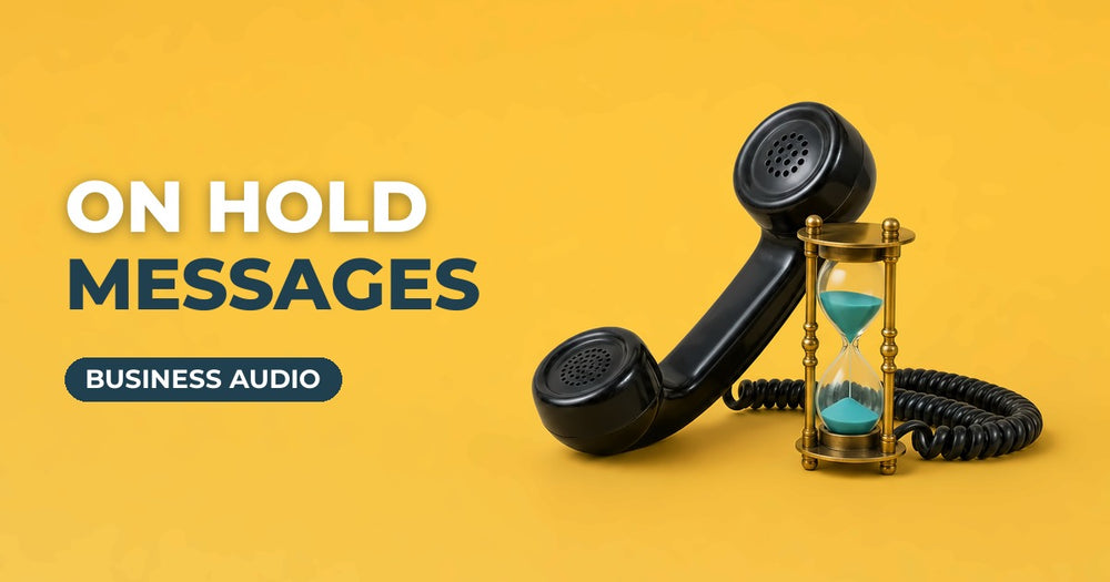 On Hold Messages blog cover: telephone handset and hourglass on a yellow background