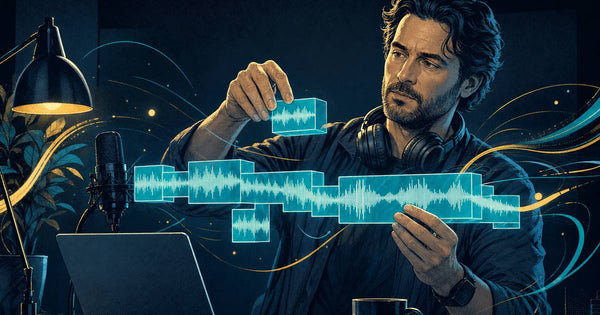podcast intro maker: podcaster assembling glowing waveform blocks above a laptop