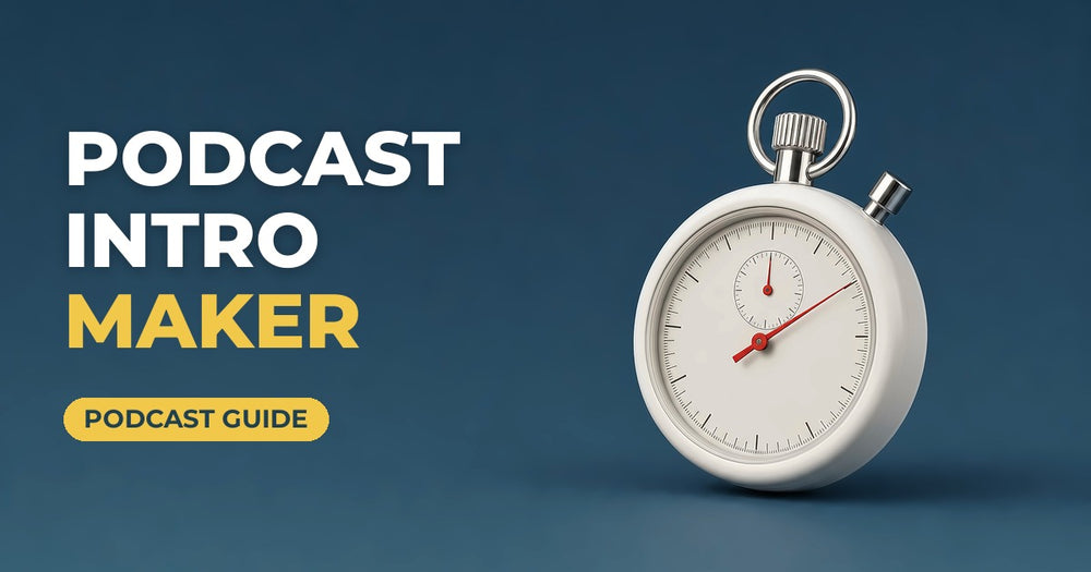 Podcast Intro Maker blog cover: white stopwatch on a navy background