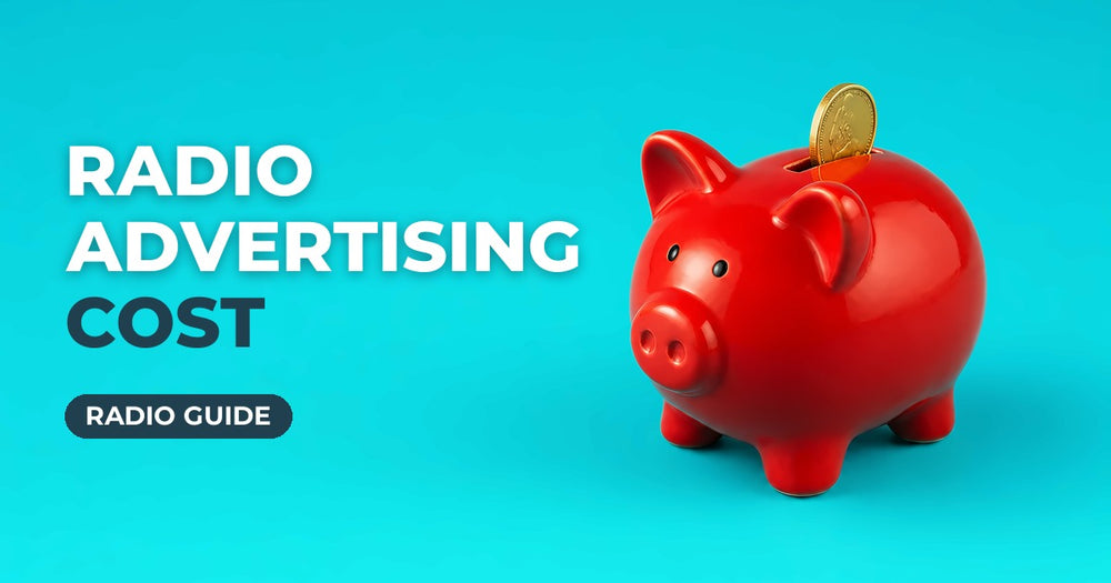 Radio Advertising Cost blog cover: red piggy bank with a gold coin on a turquoise background