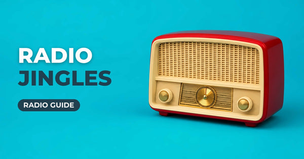 Radio Jingles blog cover: vintage cream and red tabletop radio on a turquoise background