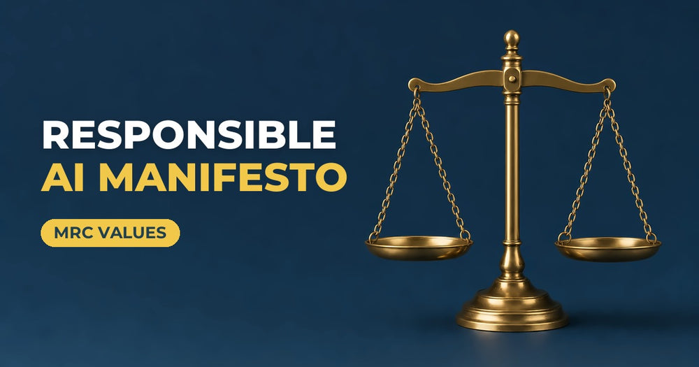 Responsible AI Manifesto blog cover: brass balance scale on a navy background
