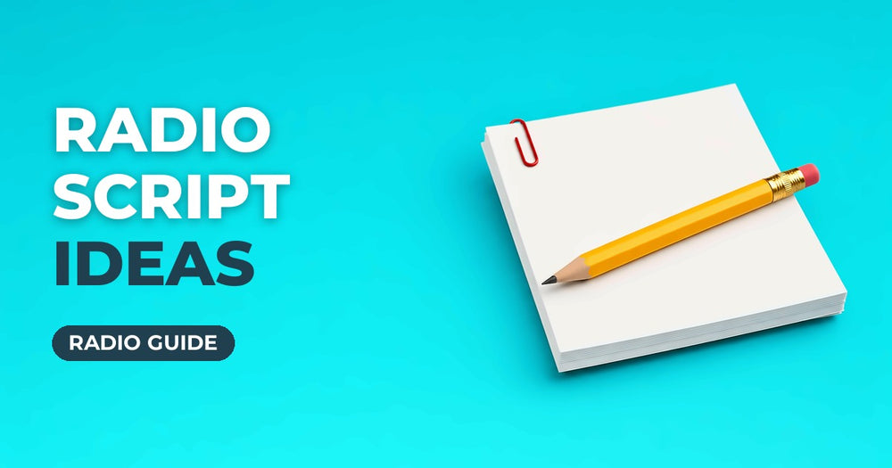 Radio Script Ideas blog cover: yellow pencil on blank paper on a turquoise background