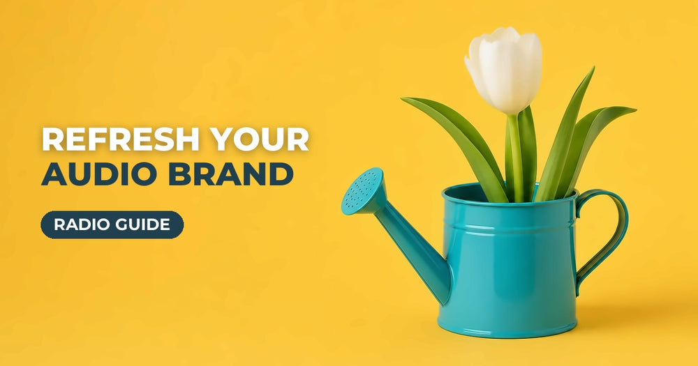 Refresh Your Audio Brand blog cover: tulips in a turquoise watering can on a yellow background
