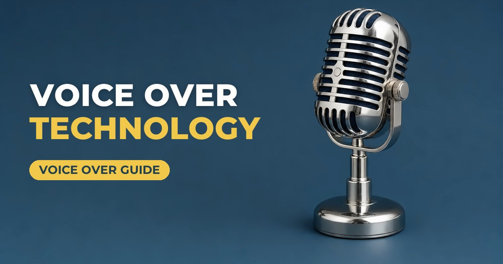 Voice Over Technology blog cover: vintage chrome ribbon microphone on a navy background