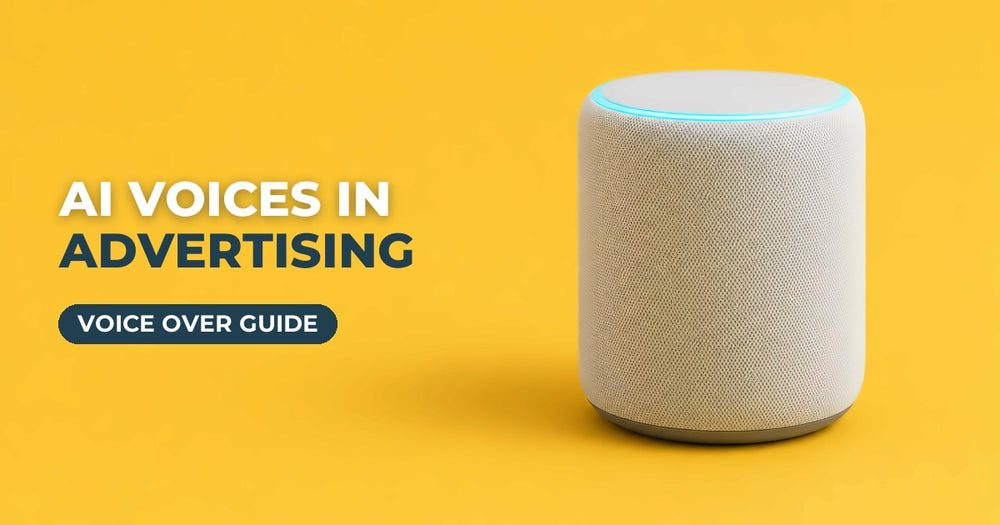 AI Voices in Advertising blog cover: white smart speaker on a yellow background