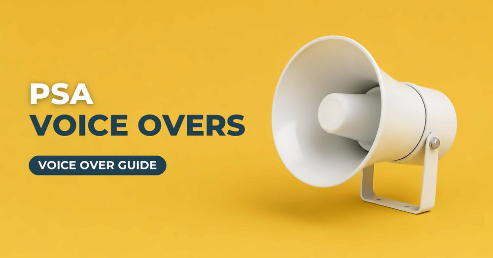 PSA Voice Overs blog cover: white PA horn speaker on a yellow background