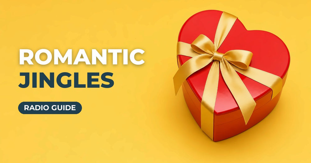 Romantic Jingles blog cover: red heart-shaped gift box on a yellow background