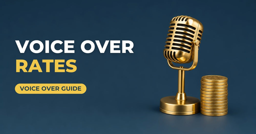 Voice Over Rates blog cover: gold microphone with a stack of coins on a navy background