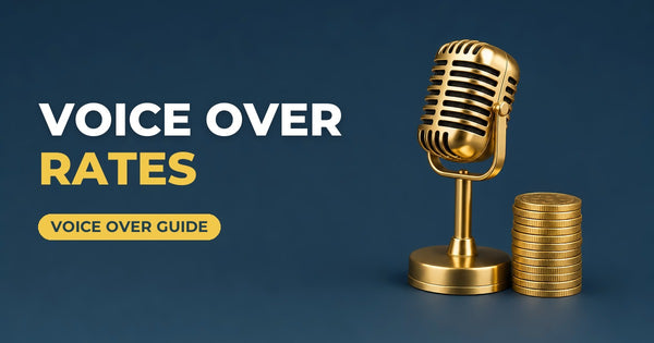 Voice Over Rates blog cover: gold microphone with a stack of coins on a navy background
