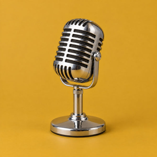 Bright Chorus - royalty free pop music track, vintage chrome microphone cover art by Music Radio Creative