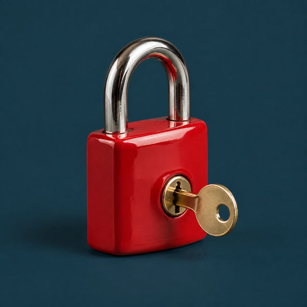 Dark Secrets - royalty free hip hop music track, red padlock cover art by Music Radio Creative